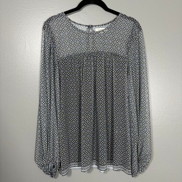 Max Studio Women's Boho Peasant Gray & Blue Printed Top - Size Medium - Sheer - Picture 1 of 6